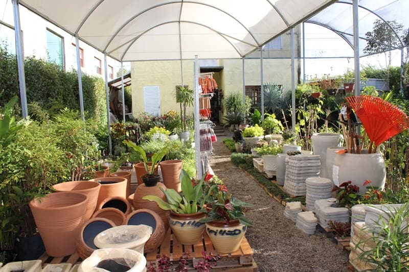 Estufa com vasos de barro e plantas