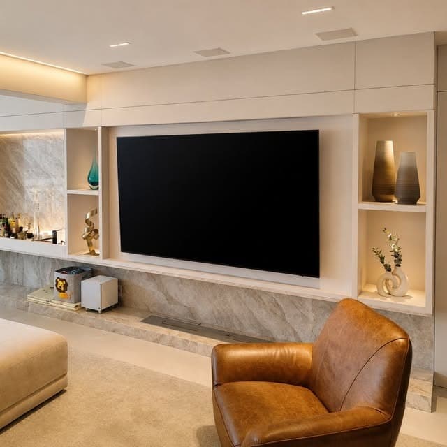 Home theater com painel de mármore e nichos iluminados