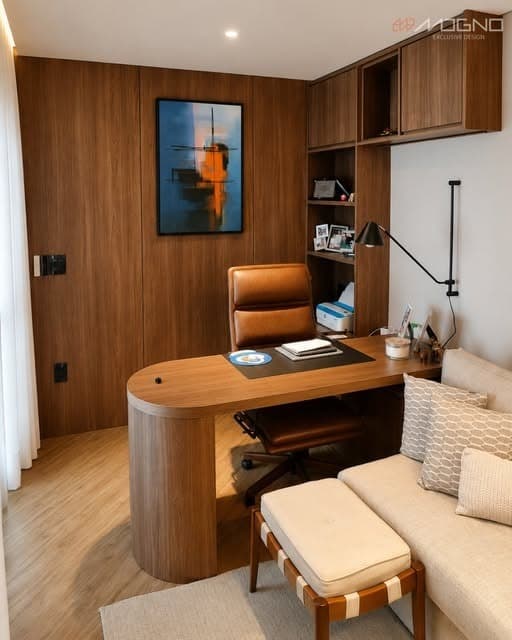 Home office em nogueira com mesa curva