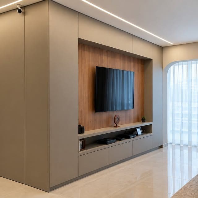 Painel de TV integrado à marcenaria clara