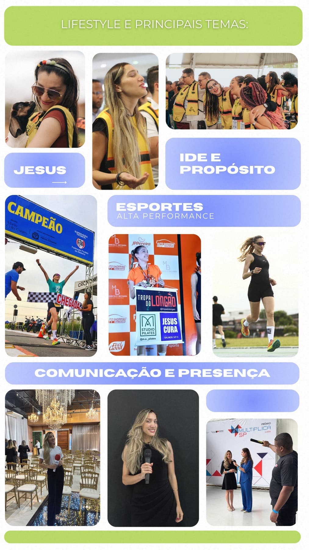 Mosaico de temas: esportes, propósito, comunicação e presença