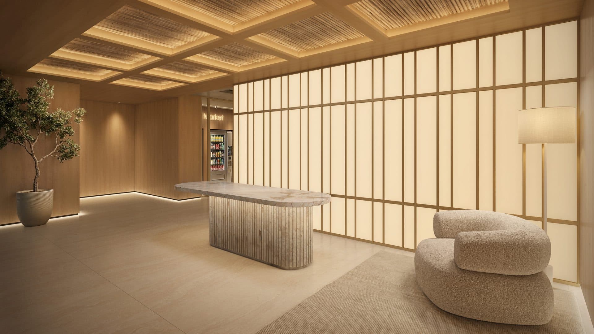 Lobby com tramas shōji e iluminação difusa