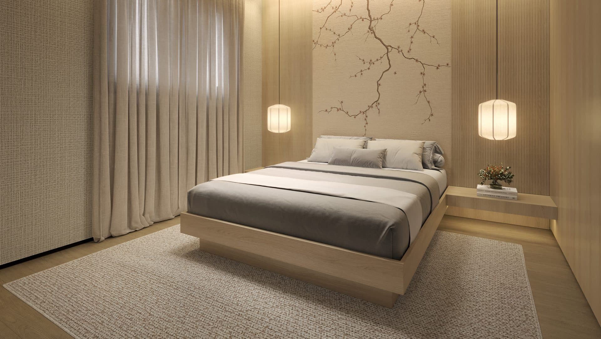 Quarto com painéis e luz difusa